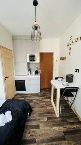 Cette chambre comprend un lit, une table et une cuisine. dans l'établissement Studio Woody entre Disney et Paris, à Lagny-sur-Marne
