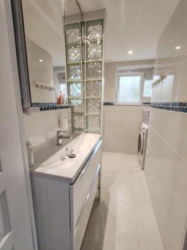 La salle de bains blanche est pourvue d'un évier et d'un réfrigérateur. dans l'établissement appartement Olivier, à Vence