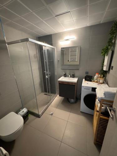 a bathroom with a shower and a toilet and a sink at Stellarlux Apartment, 35th floor in Skopje