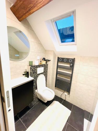 une salle de bain avec toilettes, lavabo et fenêtre dans l'établissement Oasis Spa près de Disney, à Nanteuil-lès-Meaux