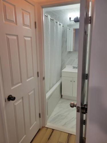 a bathroom with a door leading to a tub and a sink at Brooklyn Luxury Suite in Brooklyn