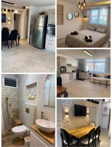 a collage of pictures of a kitchen and a living room at אחוזת מירבר in Tiberias