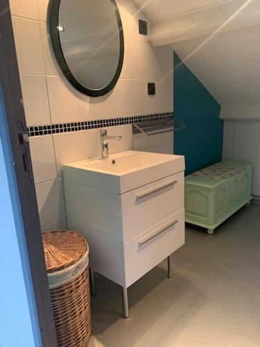 une salle de bain avec un lavabo et un miroir dans l'établissement Maison de la cigale enchantée, à La GrandʼCombe