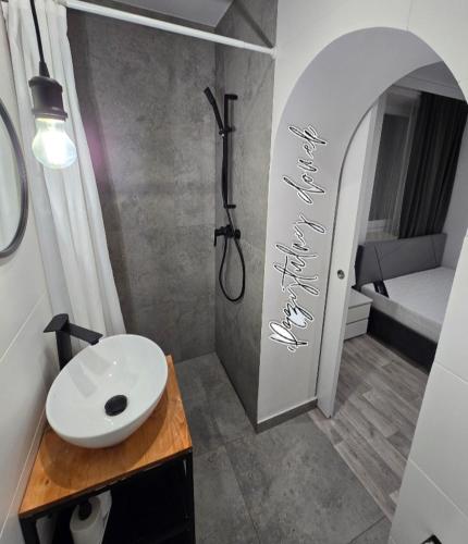 a bathroom with a sink and a shower at Przytulny domek in Mielno