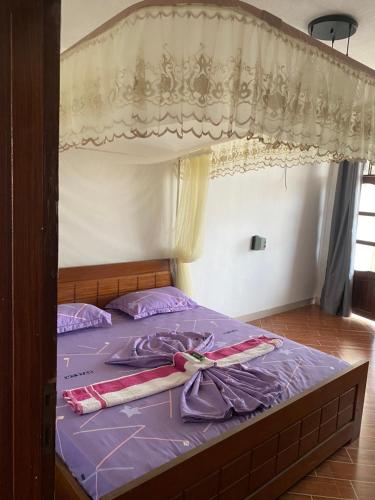 a bed with purple sheets and a canopy at Hotel new plazza in Kisangani