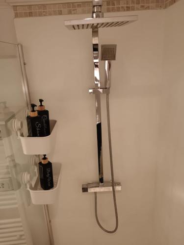 La salle de bains est pourvue d'une douche et de 2 étagères murales. dans l'établissement Cosy T3, proche centre ville, à Aix-en-Provence