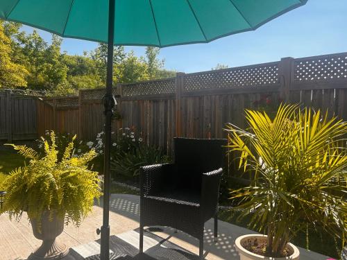 a patio with a chair and an umbrella and plants at Jahsavvy's Nest in Hamilton