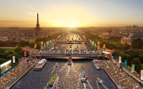 une vue aérienne sur une ville avec la tour Eiffel dans l'établissement Bord de seine, à LʼÎle-Saint-Denis