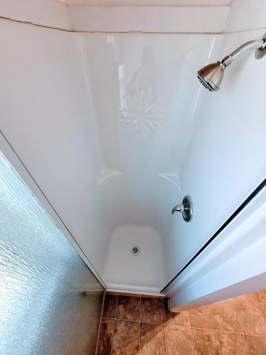 a shower in a bathroom with a white ceiling at Lido Motel in Radium Hot Springs