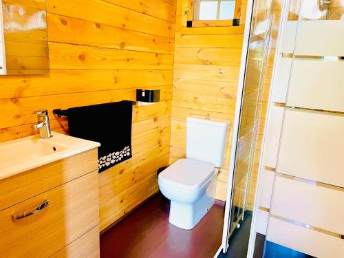 a bathroom with a toilet and a sink at Tiny house deluxe para escapada con Jacuzzi in Murcia