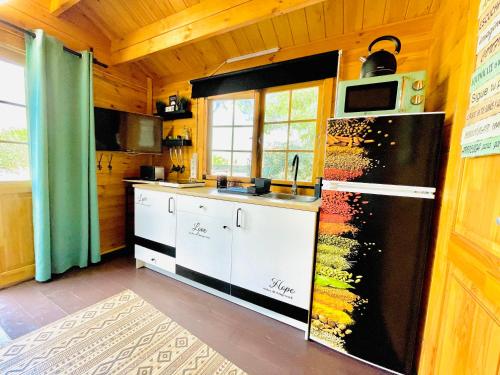 a kitchen with a sink and a refrigerator at Tiny house deluxe para escapada con Jacuzzi in Murcia