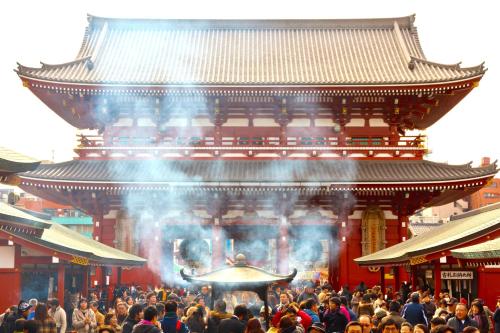 a crowd of people standing in front of a building at Glamping Tokyo Asakusa in Tokyo