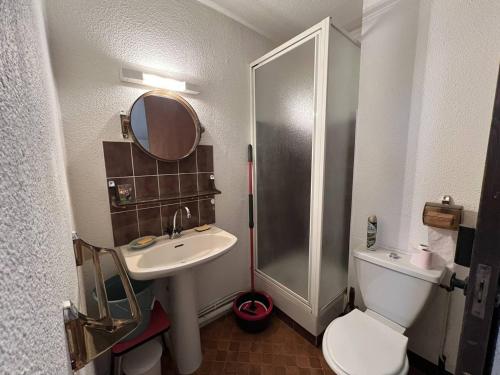 une salle de bain avec un lavabo, une douche et des toilettes dans l'établissement Charmant T2 avec loggia, TV, lave-linge, climatisation portative, proche port et plage à Port Leucate - FR-1-81-621, à Leucate
