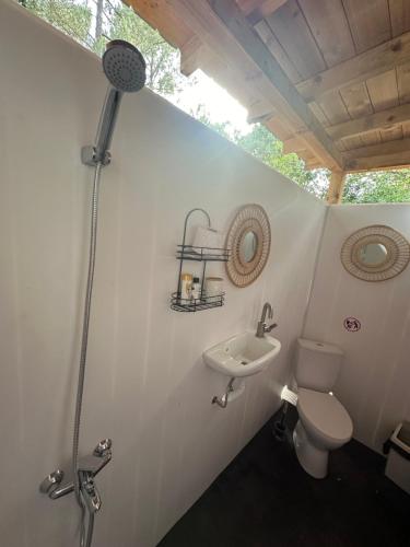 a bathroom with a toilet and a sink at Каравана Синята Маймуна плаж Градина # RV Blue Monkey on the beach in Chernomorets