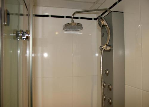 um chuveiro com uma porta de vidro e uma cabeça de chuveiro em Sealand Apartment em Les Cases d'Alcanar