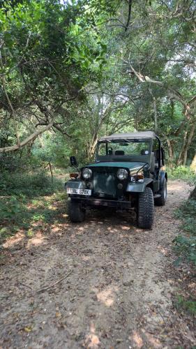 a green jeep parked on a dirt road at Hemingway's Luxury Tented Camp in Paraa