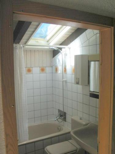 a bathroom with a toilet and a tub and a sink at Ferienhaus Hajek in Freyung