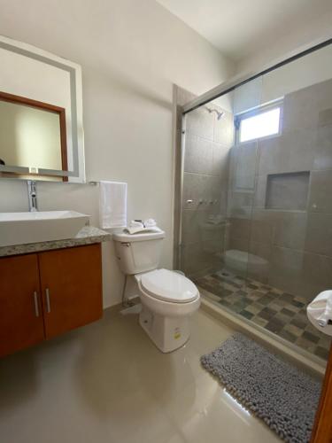 a bathroom with a toilet and a shower and a sink at Habitación 1, en Casa Gabriela in La Paz