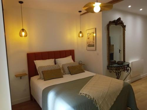 ディジョンにあるCité de la Gastronomieの大きなベッドと鏡のある寝室