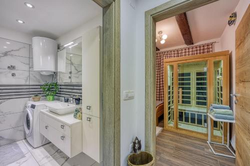 Un baño con lavabo y lavadora. en Merry's Spa and Relax House - Happy Rentals, en Griblje