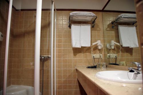a bathroom with a shower and a sink at Balneario Cervantes in Santa Cruz de Mudela