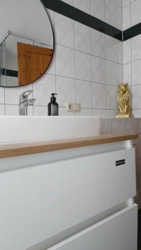 a bathroom with a mirror and a white sink at Haus Ela in Sächsenheim