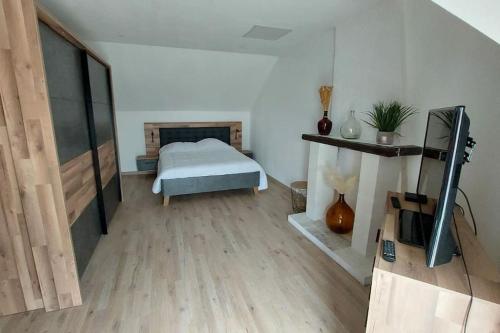 une chambre avec un lit et une télévision dans l'établissement Maison spacieuses, à Faverolles