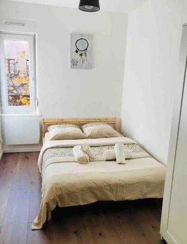 - 2 lits dans une chambre avec une horloge sur le mur dans l'établissement RM-1 - Appartement F2 au 1er étage pour 1-3 pers, à Mulhouse