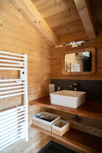 une salle de bain avec un lavabo et un miroir dans l'établissement Chalet L'Oseraie, location touristique SPA 4 étoiles au cœur des Vosges, à Le Saulcy