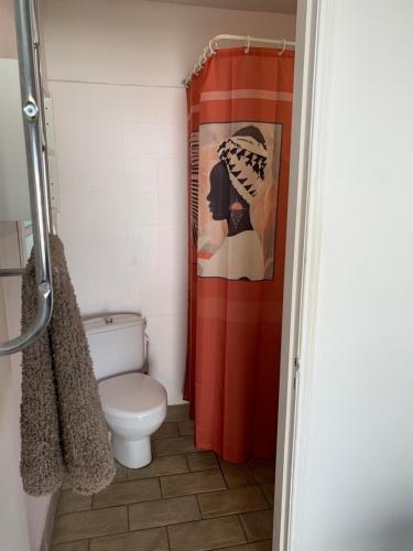 a bathroom with a toilet and a red shower curtain at Studio Les Coraux in La Saline les Bains