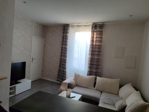 un salon avec un canapé et une télévision dans l'établissement Appartement saint loup, à Marseille