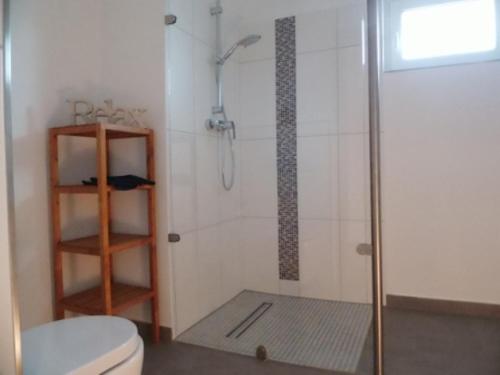 La salle de bains est pourvue d'une douche et de toilettes. dans l'établissement Gästezimmer Haus Tulpenstraße, à Elsfleth