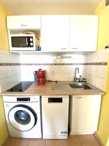 une petite cuisine avec un évier et une machine à laver dans l'établissement T2 cabine avec piscine collective, parking, climatisation pour 4 personnes, à Saintes-Maries-de-la-Mer
