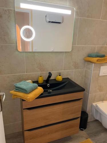 une salle de bain avec un lavabo noir et un miroir dans l'établissement Le Pas Sans Peine, à Le Cergne