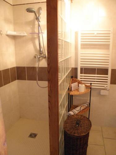 une salle de bain avec une douche et un panier dedans dans l'établissement Gîtes La Ferme du Bellay - Côté Jardin, à Montreuil-Bellay