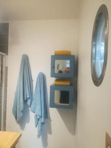 La salle de bains est pourvue d'un miroir et d'une télévision murale. dans l'établissement Maison de vacances, à Rochefort