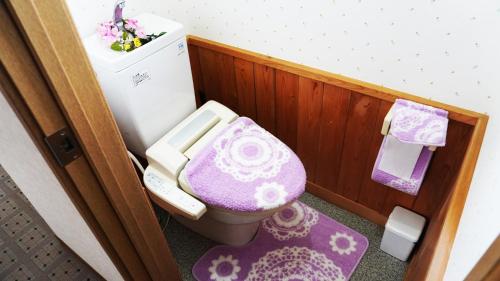 a small bathroom with a toilet with a purple seat at 富士山を眺められる宿 ゲストハウス花水木 in Nishikatsuracho