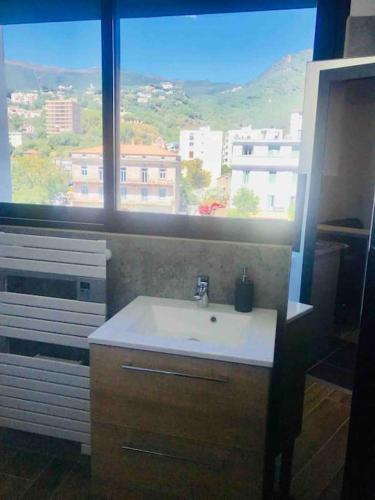 une salle de bain avec un lavabo et une grande fenêtre dans l'établissement Appartement F1 Bastia, à Toga