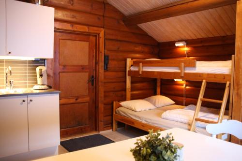 a kitchen with two bunk beds in a cabin at Buøy Camping in Dalen