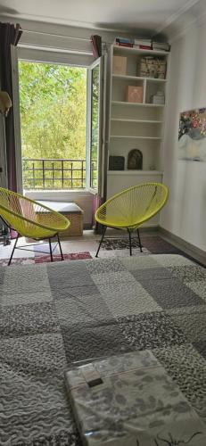 - un salon avec deux chaises jaunes et une fenêtre dans l'établissement Joli 2 pièces, chambre sur jardin arboré, à Paris