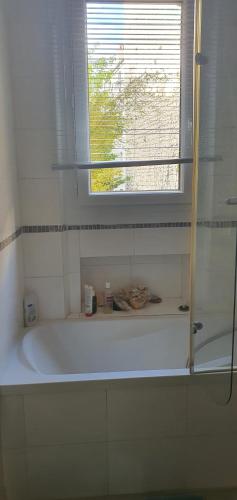 une baignoire dans une salle de bain avec une fenêtre dans l'établissement Joli 2 pièces, chambre sur jardin arboré, à Paris