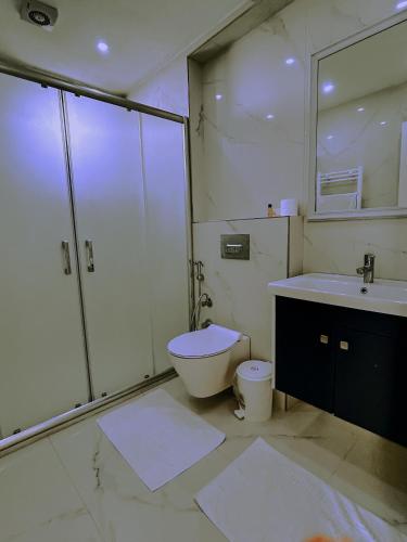 a bathroom with a shower and a toilet and a sink at Lakepark resort in Sapanca