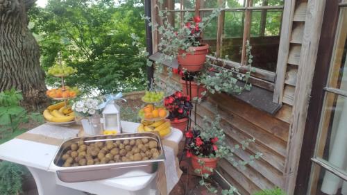 a buffet of fruit and vegetables on a patio at Jumpravas pils in Jumprava