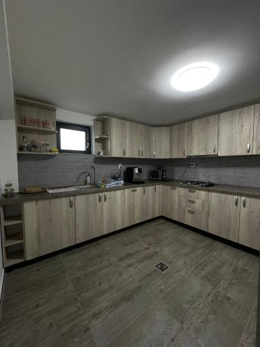 an empty kitchen with wooden cabinets and a sink at Pensiunea Denisa & Madalina in Beliş