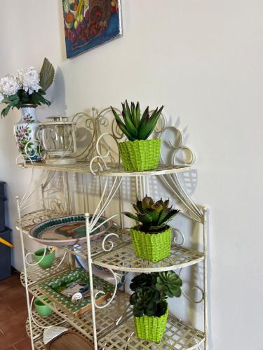 a metal shelf with three plants in green baskets at Casa Calandra in Canneto