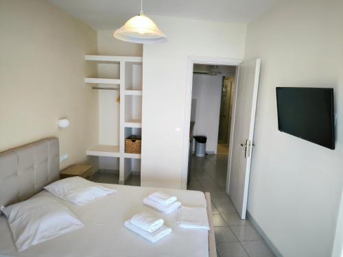a bedroom with a bed and a tv and a room at Aggelika Apartments in Lithakia