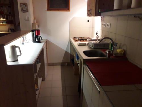 une petite cuisine avec un évier et une cuisinière dans l'établissement Gite d'étape en campagne, à La Baume-dʼHostun