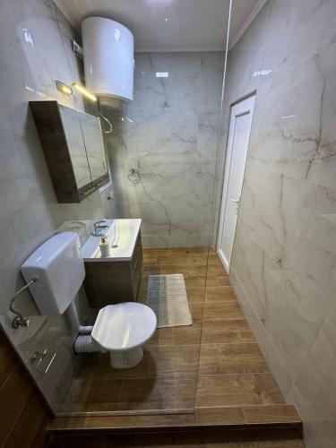 a bathroom with a white toilet and a sink at Villagio in Virpazar