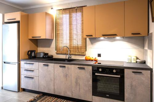 a kitchen with brown cabinets and a sink and a refrigerator at Plane Tree House in Kardhakáta