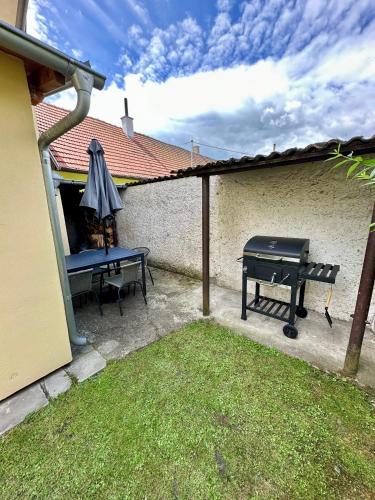 a patio with a ping pong table and a grill at Ubytovaní Slunce & Seno in Hoštice